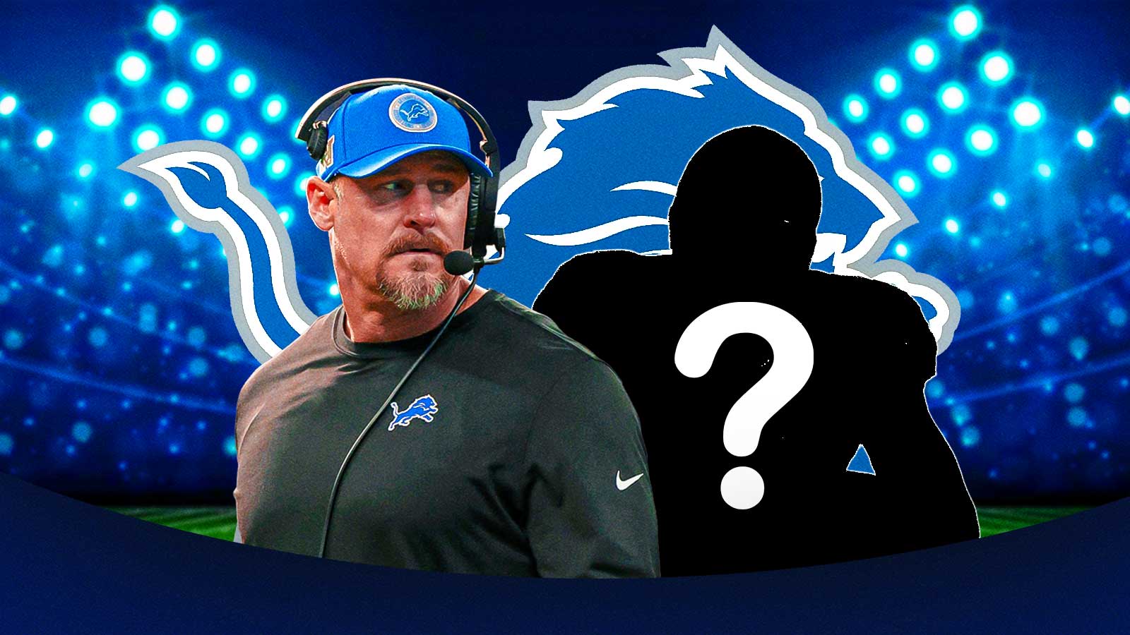 Detroit Lions head coach Dan Campbell next to a silhouette of an American football player with a big question mark emoji inside. There is also a logo for the Detroit Lions in the background.