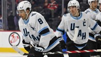 Utah Mammoth center Nick Schmaltz (8) skates back to the bench after scoring a goal against the Philadelphia Flyers during the second period at Xfinity Mobile Arena.