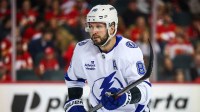 Tampa Bay Lightning right wing Nikita Kucherov (86) during the face off against the Calgary Flames during the first period at Scotiabank Saddledome.