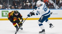 Vancouver Canucks defenseman Marcus Pettersson (29) stick checks Tampa Bay Lightning forward Nikita Kucherov (86) in the third period at Rogers Arena.