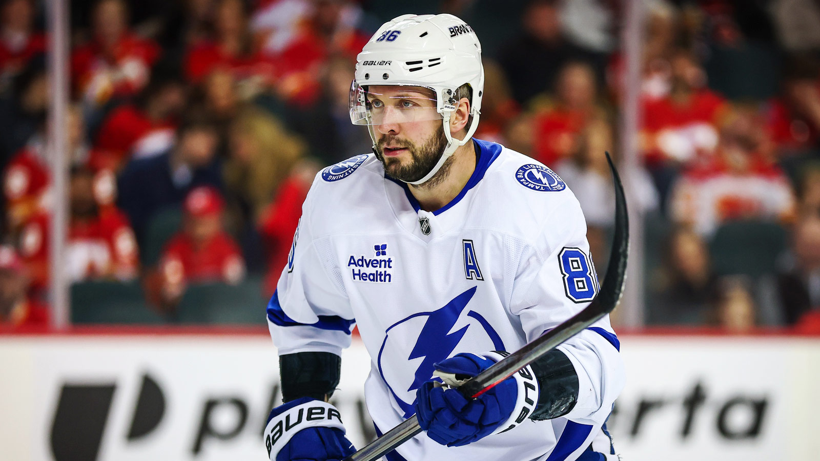 Tampa Bay Lightning right wing Nikita Kucherov (86) during the face off against the Calgary Flames during the first period at Scotiabank Saddledome.