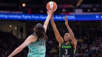 Seattle Storm forward Nneka Ogwumike (3) has a shot blocked by New York Liberty forward Breanna Stewart (30) during the second half at Climate Pledge Arena.