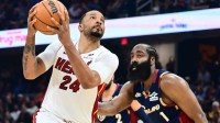 Miami Heat guard Norman Powell (24) drives to the basket against Cleveland Cavaliers guard James Harden (1) during the first half at Rocket Arena.