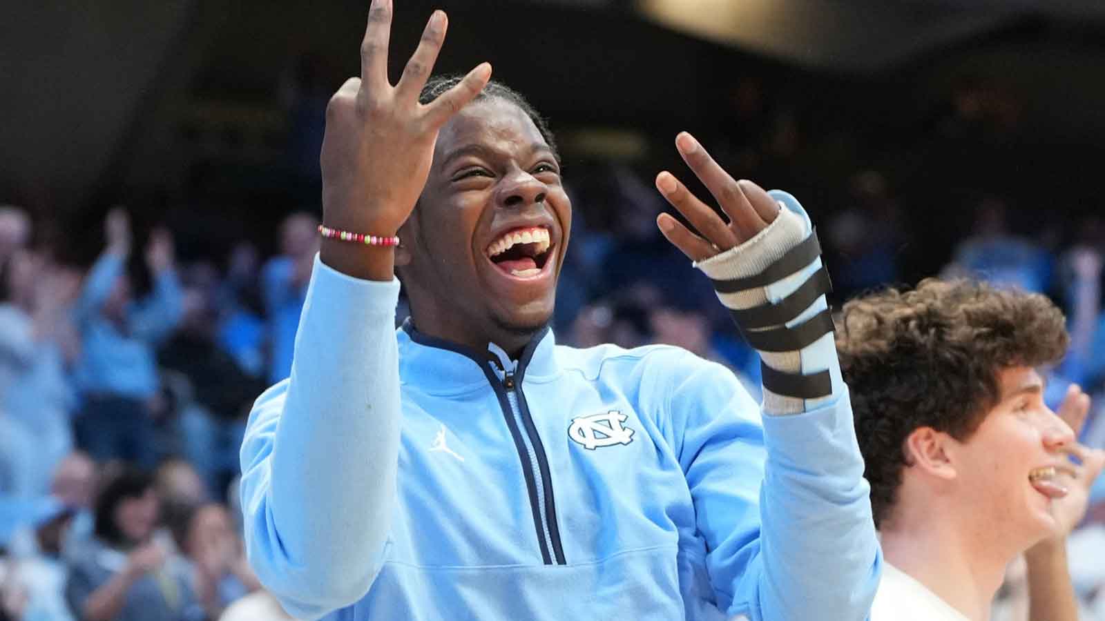 North Carolina Tar Heels forward Caleb Wilson (8) reacts after a three point shot in the second half at Dean E. Smith Center.