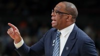 North Carolina Tar Heels head coach Hubert Davis instructs his team against the VCU Rams in the first half of a first round game of the men's 2026 NCAA Tournament at Bon Secours Wellness Arena.