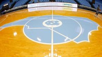 A general view of the logo on the court prior to the game between the North Carolina Tar Heels and the Western Carolina Catamounts at Dean E. Smith Center.