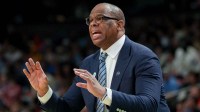 North Carolina Tar Heels head coach Hubert Davis instructs his team against the VCU Rams in the second half of a first round game of the men's 2026 NCAA Tournament at Bon Secours Wellness Arena.