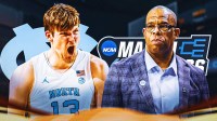 North Carolina HC Hubert Davis and North Carolina C Henri Veesaar. North Carolina Tar Heels logo and March Madness logo behind them.