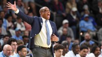 North Carolina Tar Heels head coach Hubert Davis yells down court.