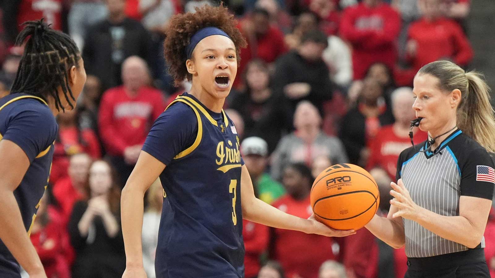 Notre Dame guard Hannah Hidalgo (3) celebrates stealing the ball and drawing a foul against Louisville in the KFC Yum! Center. March 1, 2026