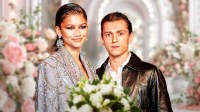 Zendaya and Tom Holland with wedding background after rumors circulated that they were married.