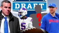 Bills' Brandon Beane, Joe Brady, a silhouette of a football player with a question mark in the silhouette, and Kaiir Elam in a Bills jersey with an NFL Draft background