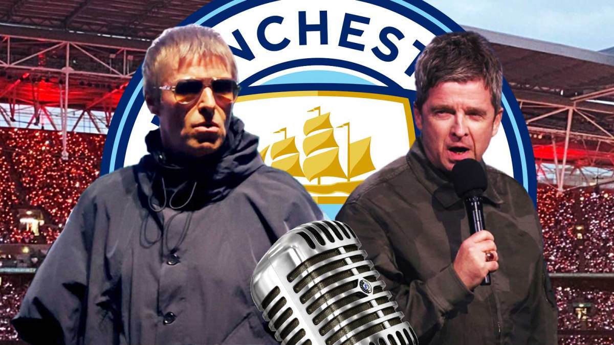 Oasis members Liam and Noel Gallagher with Manchester City logo and Wembley Stadium where the Carabao Cup final took place.