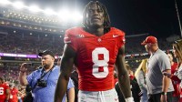 Ohio State Buckeyes linebacker Arvell Reese (8) leaves the field following the NCAA football game against the Ohio Bobcats at Ohio Stadium on Sept. 13, 2025. Ohio State won 37-9.