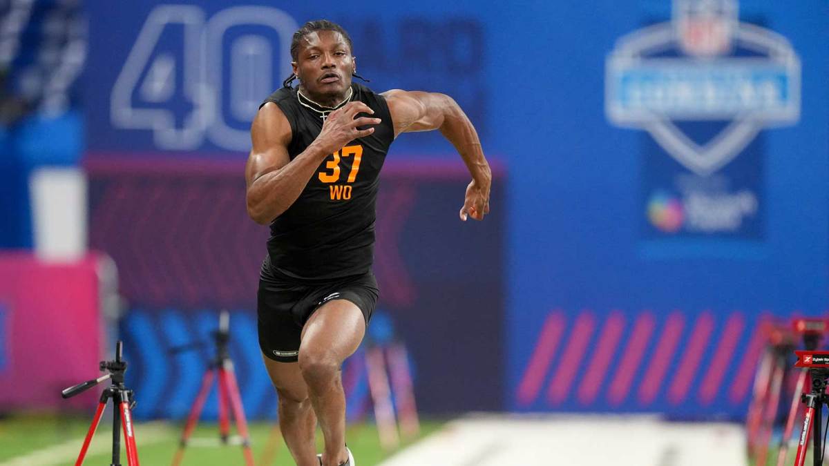 Ohio State wideout Carnell Tate (WO37) during the NFL Scouting Combine at Lucas Oil Stadium.