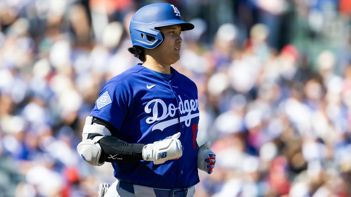 Los Angeles Dodgers designated hitter Shohei Ohtani against the Los Angeles Angels during a spring training game at Tempe Diablo Stadium.
