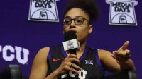 Oct 21, 2025; Kansas City, MO, USA; TCUís Olivia Miles speaks to media during Big 12 Womenís Basketball Media Day at T-Mobile Center. Mandatory Credit: Sophia Scheller-Imagn Images