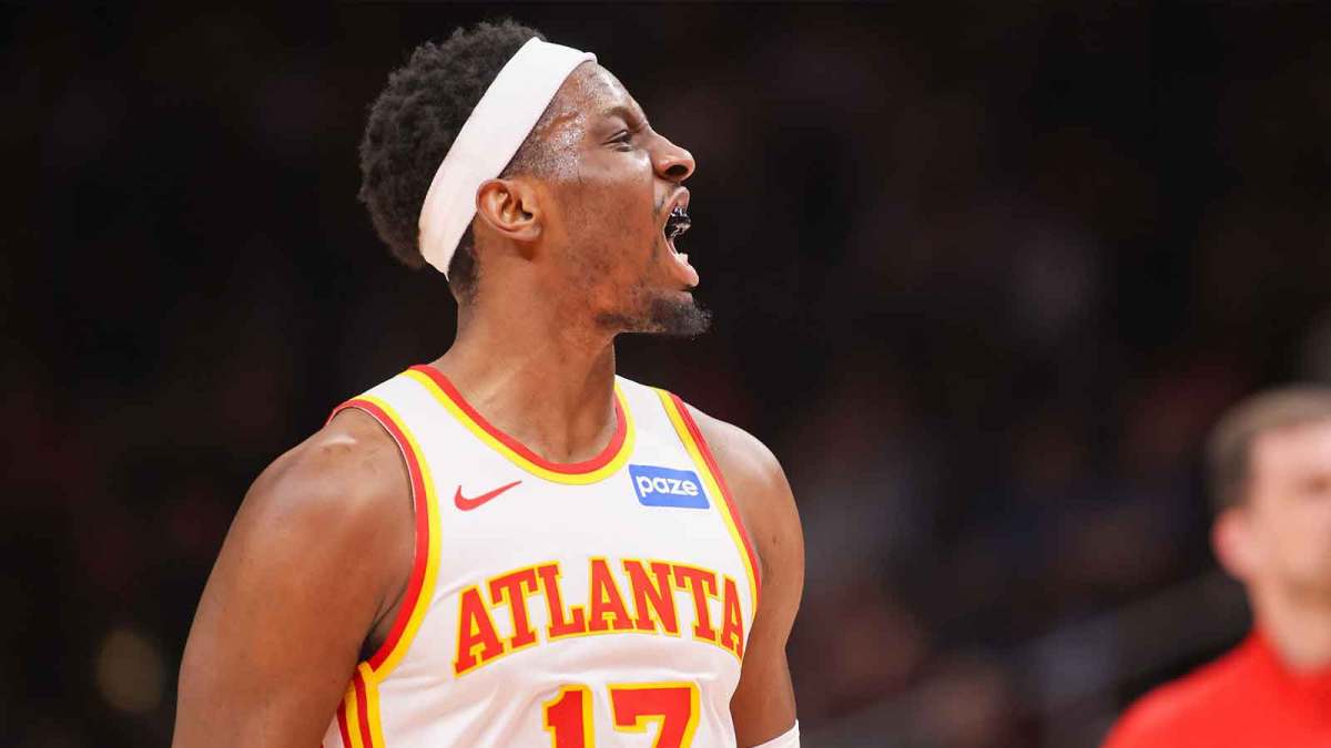 Atlanta Hawks forward Onyeka Okongwu (17) reacts after a basket against the Portland Trail Blazers in the first quarter at State Farm Arena.
