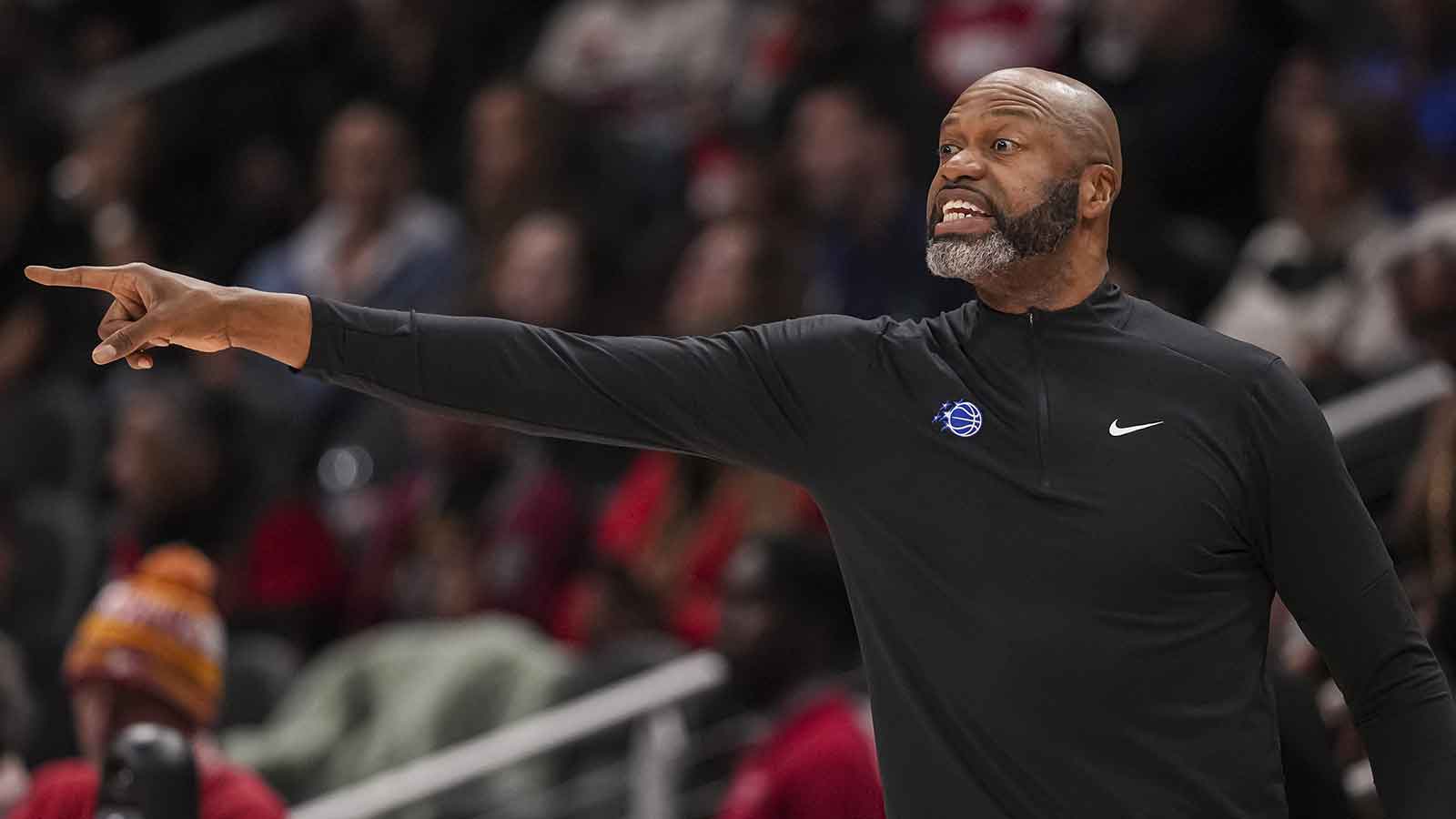 Orlando Magic head coach Jamahl Mosley reacts on the sideline during the game against the Atlanta Hawks during the first half at State Farm Arena.