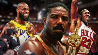 NBA GOATs LeBron James and Michael Jordan with Oscar winner and Sinners star Michael B. Jordan in between them.