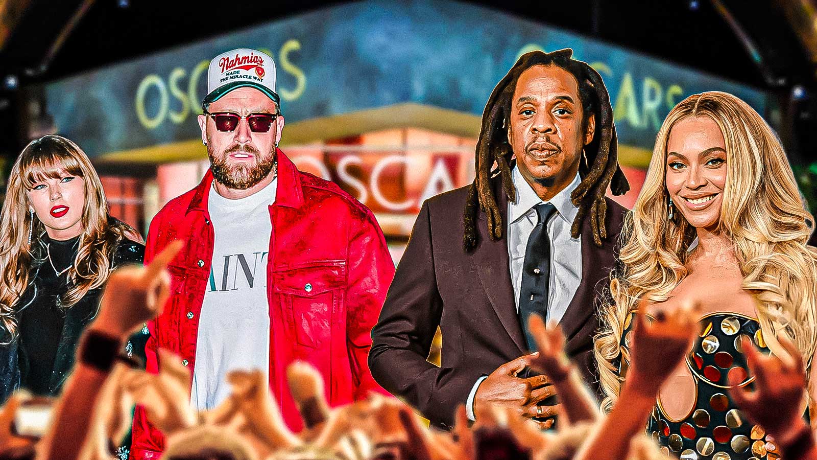 Taylor Swift and Travis Kelce next to Jay-Z and Beyoncé with Oscars stage background.