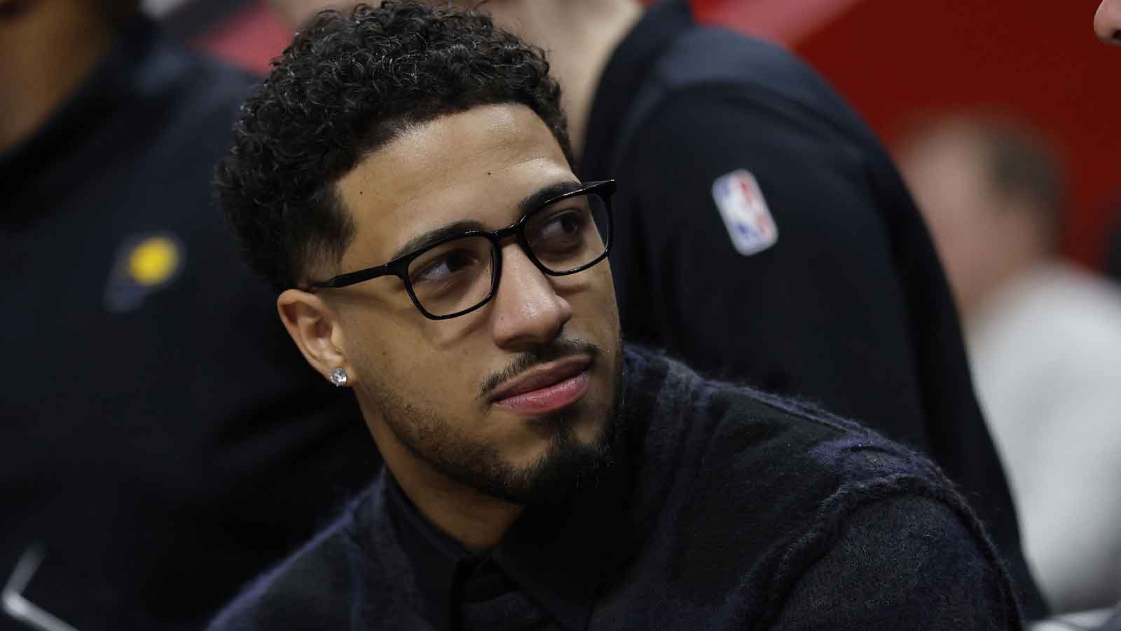 Pacers guard Tyrese Haliburton (0) looks on in the second half against the Detroit Pistons at Little Caesars Arena
