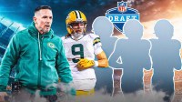 Coach Matt LaFleur and Christian Watson beside each other - 3 mystery players around them - NFL Draft logo in the background