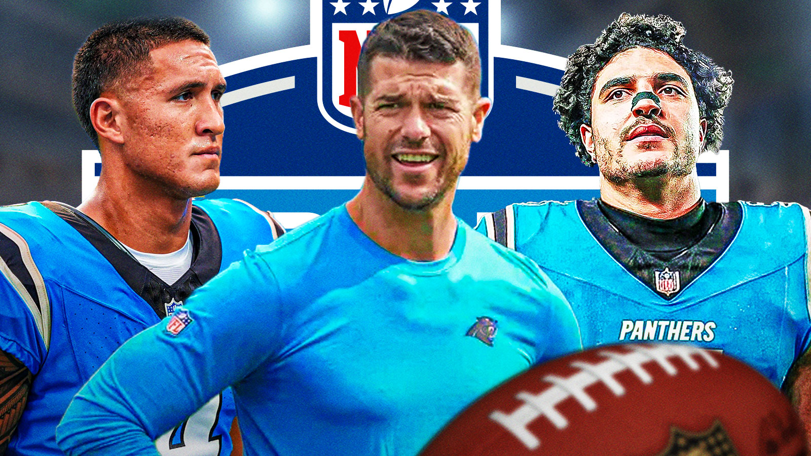 Coach Dave Canales, Tetairoa McMillan, Jaelan Phillips all beside each other, NFL Draft logo in the background