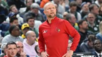 Louisville Cardinals head coach Pat Kelsey looks on during the first half against the Michigan State Spartans during a second round game of the men's 2026 NCAA Tournament at Keybank Center.