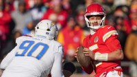 Kansas City Chiefs quarterback Patrick Mahomes (15) looks to pass against the Los Angeles Chargers during the second quarter at GEHA Field at Arrowhead Stadium.