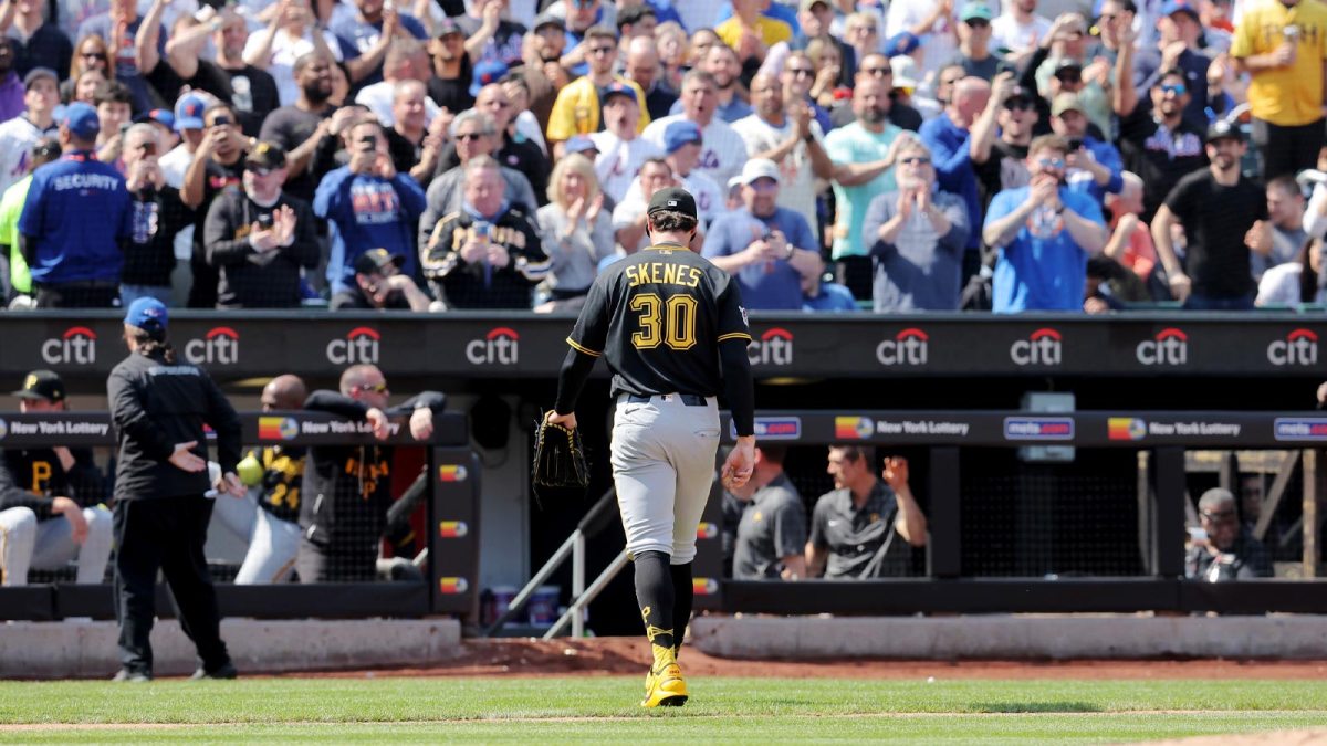 Pittsburgh Pirates starting pitcher Paul Skenes (30) walks off the field after being taken out of the game against the New York Mets during the first inning at Citi Field.