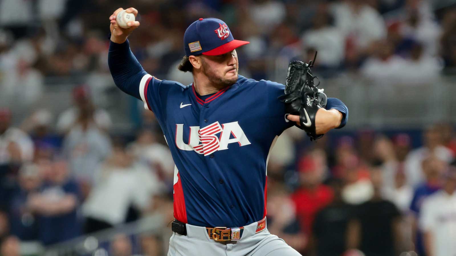 United States pitcher Paul Skenes (30) delivers a pitch against the Dominican Republic during a semifinal game of the 2026 World Baseball Classic at loanDepot Park.