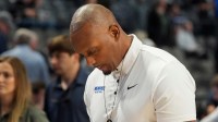 Memphis' head coach Penny Hardaway hangs his head as he walks off the court after Memphis lost to Tulane 81-69 in a first round American Conference Tournament game.