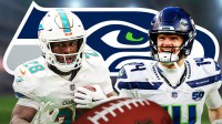 De'Von Achane on one side, Sam Darnold on the other side, Seattle Seahawks logo in the background