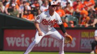 Baltimore Orioles first baseman Pete Alonso (25) awaits the pitch on defense against the Minnesota Twins at Oriole Park at Camden Yards.