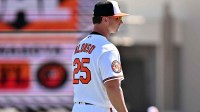 Baltimore Orioles first baseman Pete Alonso (25) warms up before the start of the spring training game against the New York Yankees at Ed Smith Stadium.