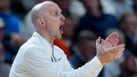 VCU Rams head coach Phil Martelli Jr. instructs his team against the North Carolina Tar Heels in the second half of a first round game of the men's 2026 NCAA Tournament at Bon Secours Wellness Arena.