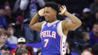 Philadelphia 76ers guard Kyle Lowry (7) reacts to his score against the Chicago Bulls during the fourth quarter at Xfinity Mobile Arena.