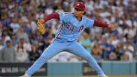 Philadelphia Phillies pitcher Jesus Luzardo (44) throws in the tenth inning against the Los Angeles Dodgers during game four of the NLDS round for the 2025 MLB playoffs at Dodger Stadium.