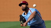 Oct 9, 2025; Los Angeles, California, USA; Philadelphia Phillies pitcher Cristopher Sanchez (61) throws in the second inning against the Los Angeles Dodgers during game four of the NLDS round for the 2025 MLB playoffs at Dodger Stadium. Mandatory Credit: Kiyoshi Mio-Imagn Images