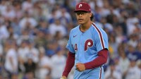 Philadelphia Phillies pitcher Jesus Luzardo (44) reacts after the tenth inning against the Los Angeles Dodgers during game four of the NLDS round for the 2025 MLB playoffs at Dodger Stadium.