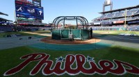 A view of the Phillies logo painted on the field before game three of the NLDS for the 2023 MLB playoffs between the Philadelphia Phillies and the Atlanta Braves at Citizens Bank Park.