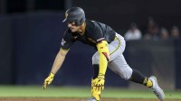 Pittsburgh Pirates shortstop Konnor Griffin (75) runs to second base on a two-rbi double against the New York Yankees in the fifth inning during spring training at George M. Steinbrenner Field.