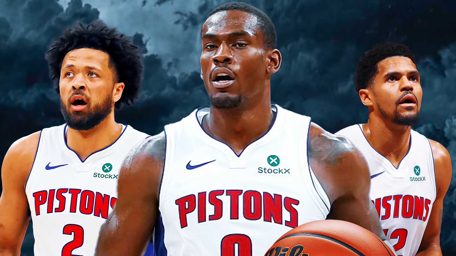 Cade Cunningham, Jalen Duren, Tobias Harris all beside each other, Dark skies in the background