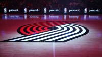 A general view of the Portland Trail Blazers logo at half court before the game against the Minnesota Timberwolves at Moda Center.