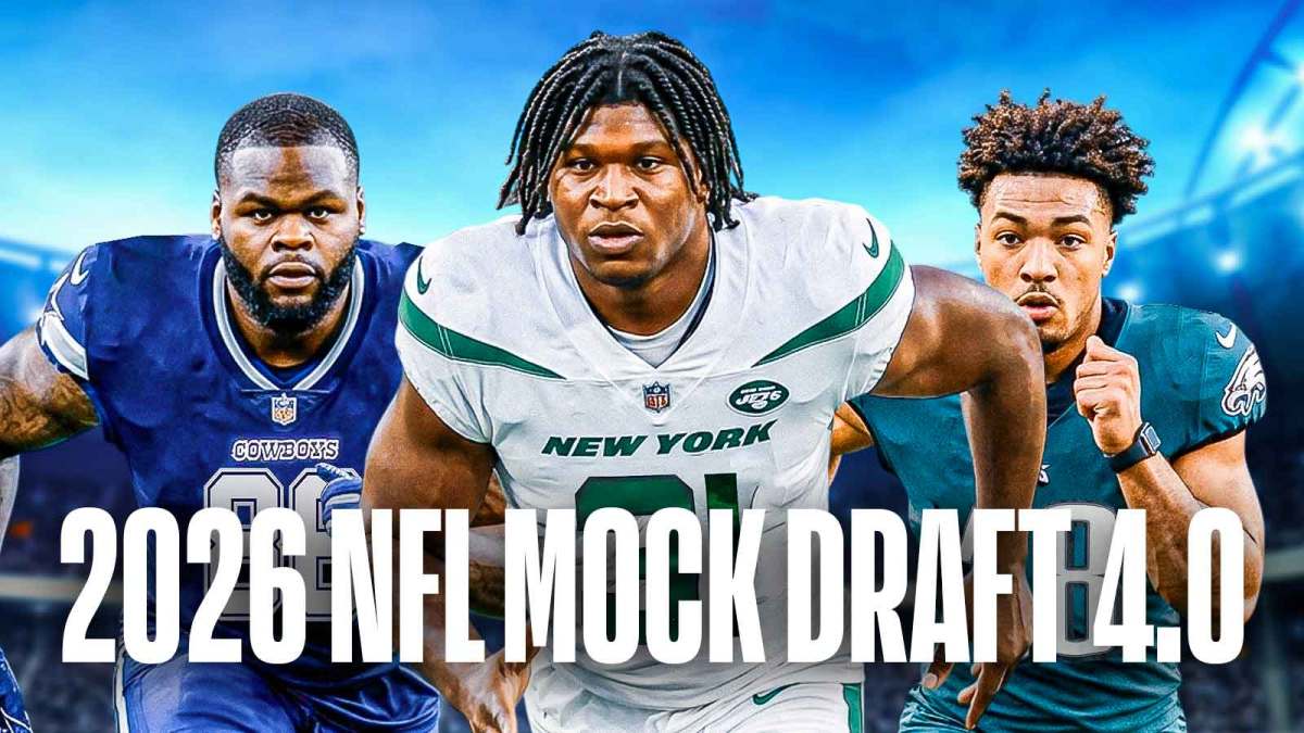 David Bailey in a Jets jersey, Caleb Banks in a Cowboys jersey, and Kenyon Sadiq in an Eagles jersey with "2026 NFL Mock Draft 4.0" on the bottom