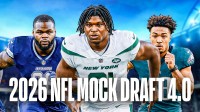 David Bailey in a Jets jersey, Caleb Banks in a Cowboys jersey, and Kenyon Sadiq in an Eagles jersey with "2026 NFL Mock Draft 4.0" on the bottom