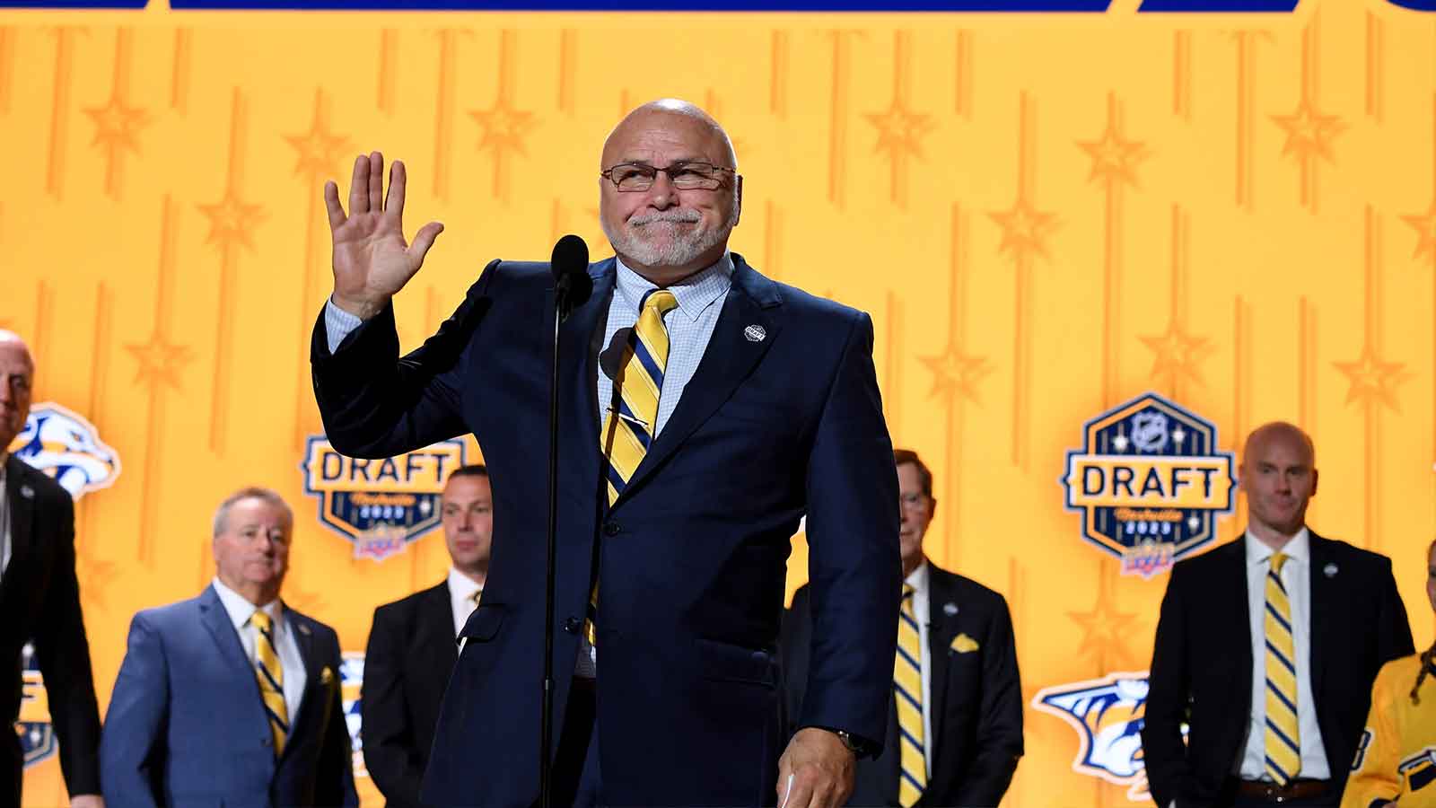 Nashville Predators incoming general manager Barry Trotz announces the twenty fourth pick in round one of the 2023 NHL Draft at Bridgestone Arena. 