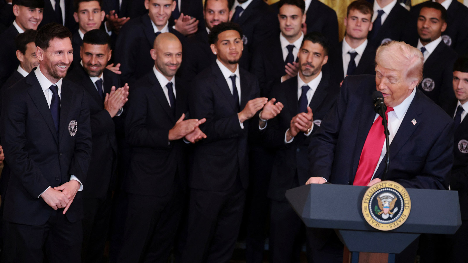 President Donald Trump speaks as he honors reigning Major League Soccer (MLS) champion Inter Miami CF players and team officials with an event in the East Room of the White House in Washington, D.C.