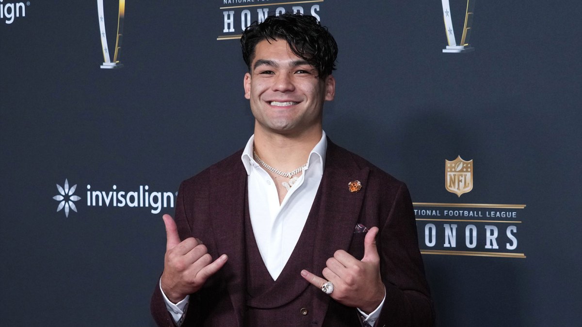 Puka Nacua on the NFL Honors Red Carpet before Super Bowl LX at Palace of Fine Arts.